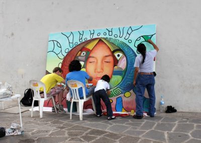 001 Nacimiento-vida-muerte, mural colectivo, acrílico sobre tela, 200 x 300 cm, México y Dinamarca